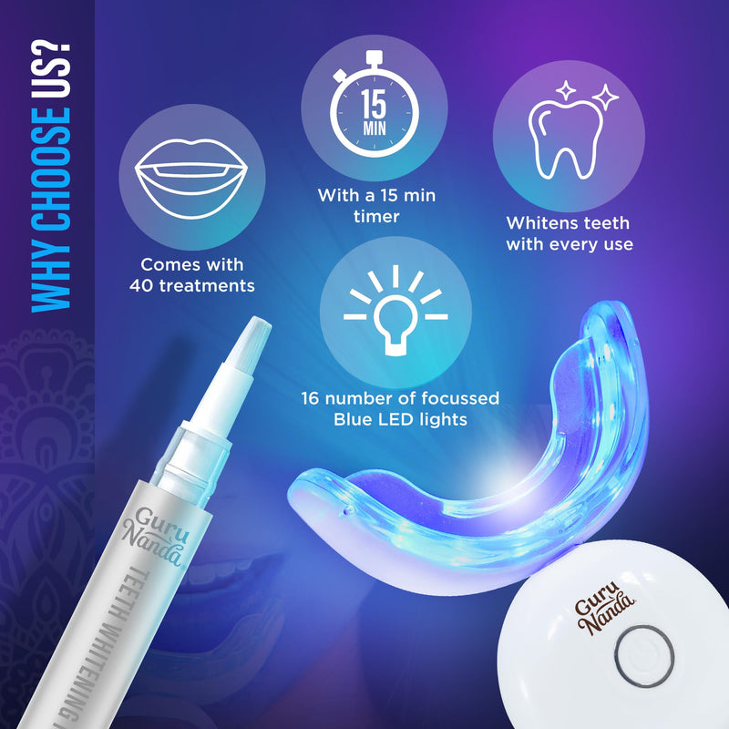 [Australia] - GuruNanda Professional Teeth Whitening Wireless Kit with LED Light & Whitening Pen, Helps Remove Surface Stains from Coffee, Food, Soda, 40 Treatments 