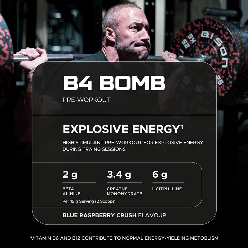 USN B4 Bomb Energy Drink Powder, Blue Raspberry - 180g, with Vitamin B12 & B6, Creatine, Caffeine & Zynamite for Stamina & Explosive Energy, Glucose Free, No Added Sugar, Quality Dietary Supplement 180g (Pack of 1)