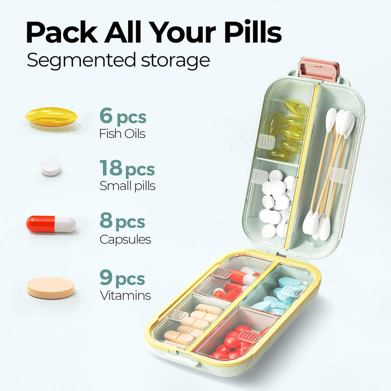 7 Compartments Travel Pill Organizer, Foldable Portable Airtight Daily Pill Box, Compact Pill Case for Purse & Pocket, BPA-Free Medicine Organizer for Vitamins Fish Oil Supplements (Green) Green Medium