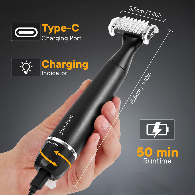 [Australia] - Body Shaver & Hair Trimmer for Men, Funstant Manscape for Body & Intimate Hair, Wet/Dry Water Resistant, Precision Electric Shaver, Bidirectional Blade, USB-C Balls Trimmer Dark Black 