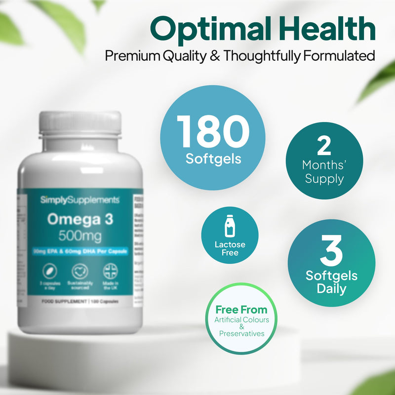 Omega 3 500mg | Supports Heart, Brain & Eye Health | Small, Easy-to-Swallow Softgel | Sustainably Sourced & Molecularly Distilled Fish Oil | 180 Softgel Capsules | UK-Made Unflavoured 180 count (Pack of 1)
