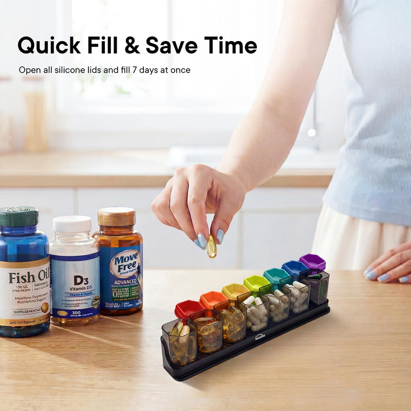 Mossime Large Weekly Pill Organizer 1 Time a Day, Rainbow, 2P | BPA-Free, Spill-Resistant, Detachable 1-a-Day Boxes, for Vitamins & Medication, Travel-Friendly, Velvet Pouch Rainbow+rainbow