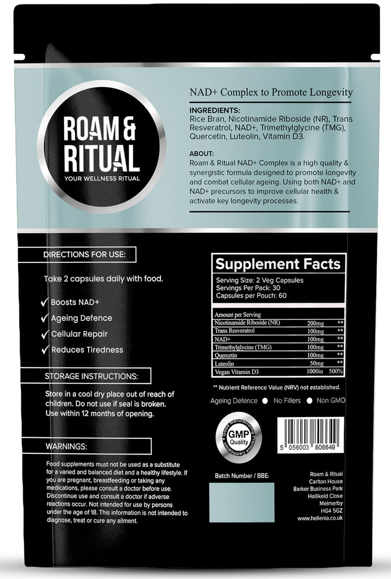 NAD+ Capsules - Complex Longevity Formula with NAD Plus, Nicotinamide Riboside, Resveratrol, TMG & Luteolin | Cellular Energy Support | UK Made Supplement | 60 Vegan Capsules by Roam & Ritual™