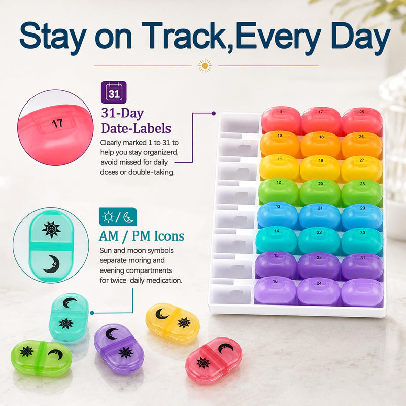 Cruxer Monthly 2 Times a Day Pill Organizer,4 Week Daily AM/PM Medicine Box | Large Single Compartment Supplements Organiser for Vitamins, Fish Oil & Pills + Bonus Mini Medication Case