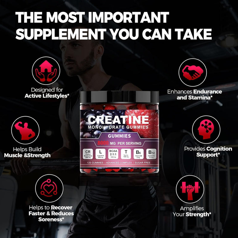 Creatine Monohydrate Gummies, 8000mg Complex, 120 Count, Sugar-Free with BCAA, L-Carnitine, Taurine and Vitamins, for Muscle Strength and Recovery