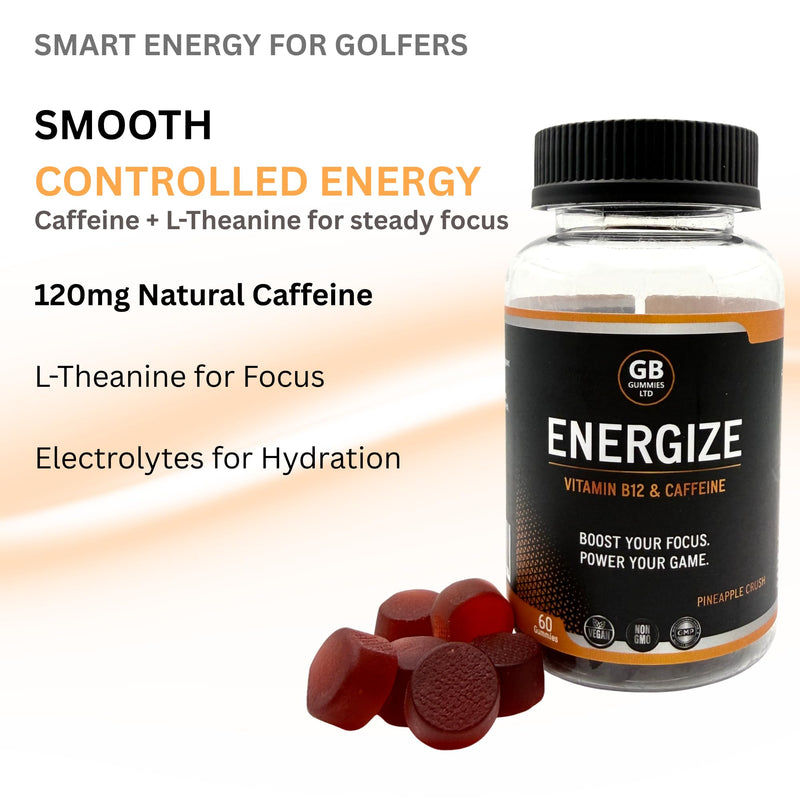 Energy Gummies for Golfers | 120mg Caffeine + L-Theanine | Golf Focus & Energy | Vegan | 60 Gummies | GB Gummies Energize