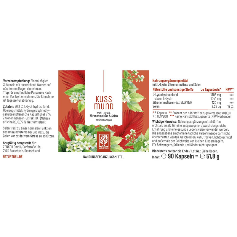 [Australia] - L-Lysine 1000 mg high dose - L-Lysine complex with lemon balm and selenium - High dose L-Lysine capsules - Naturtreu Kussmund vegan & laboratory tested 