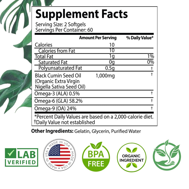 [Australia] - Black Seed Oil Capsules - 120 count (ORGANIC, non-GMO Liquid) Premium Cold Pressed Black Cumin Seed Oil - 500mg each, 1000mg Per Serving w/Omega 3,6, 9 