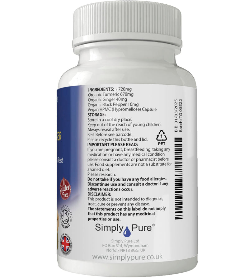 Organic Turmeric, Ginger & Black Pepper for Inflammation & Chronic Pain | 720mg Capsules x 90 | 100% Pure Soil Association Certified | Gluten Free | GM Free | Vegan