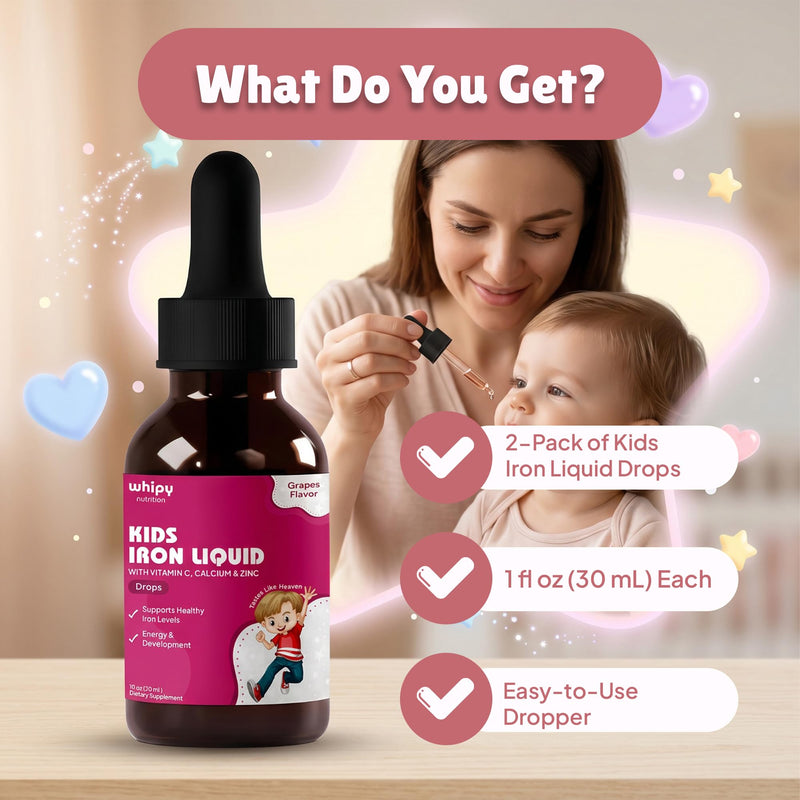 Kids Iron Supplement Liquid Drops for Children Ages 2 to 12, Iron Bisglycinate with Vitamin C, Calcium and Zinc, Liquid Iron for Kids Gentle on Stomach, Grape Flavor, 1fl oz