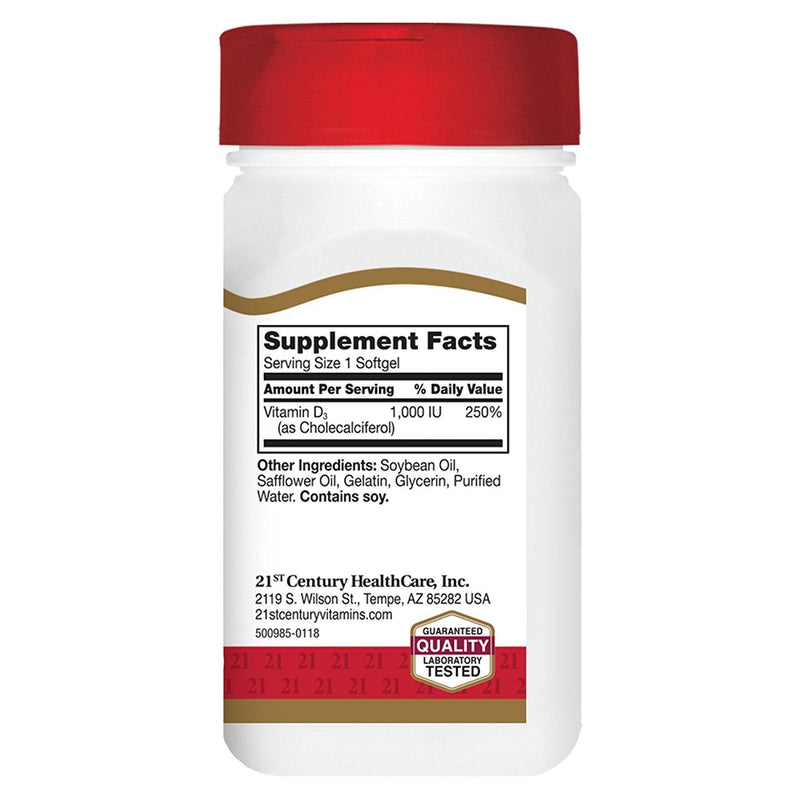21st Century Vitamin D3 1000 IU Softgels, Bone & Immune, 250 Count | High-Potency Vitamin D3 1000 IU Fast-Release Liquid Softgels, Gluten Free, Easy to Swallow, Value 250-count 250 Count (Pack of 1)