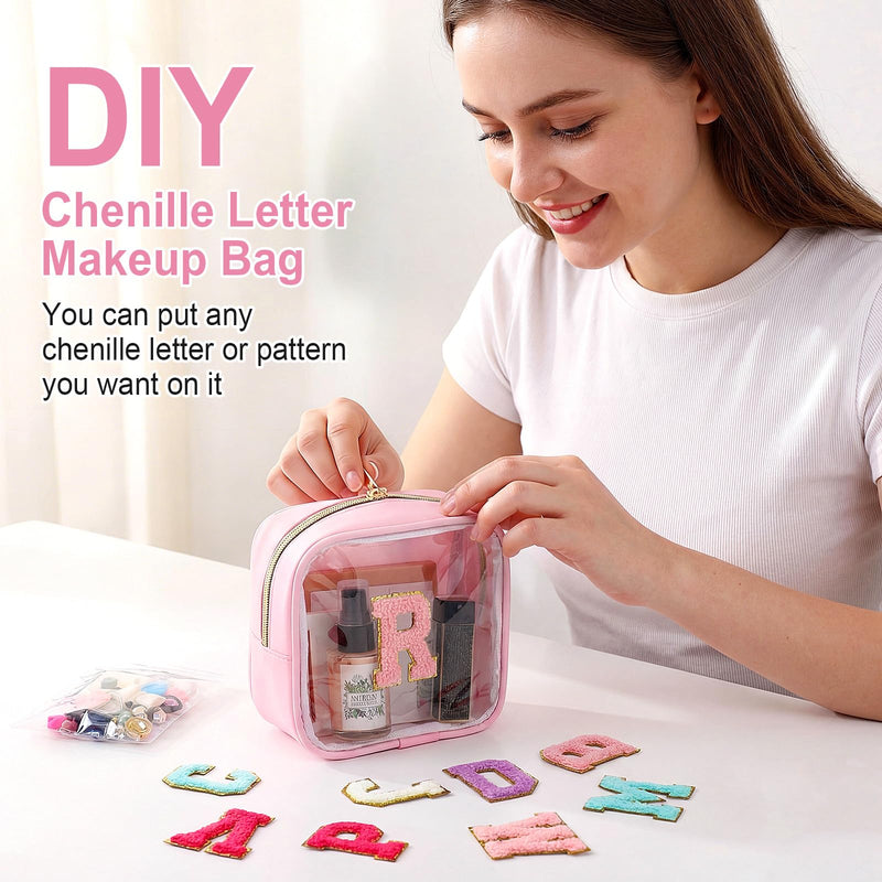 10 Pcs Initial Clear Makeup Bags Mini Personalized A-Z Preppy Patch Chenille Letter Cosmetic Bag Preppy Nylon Makeup Bag Small Pouch Waterproof Toiletry Bags for Women Wedding Bride Gift(Clear) Macaron Colors