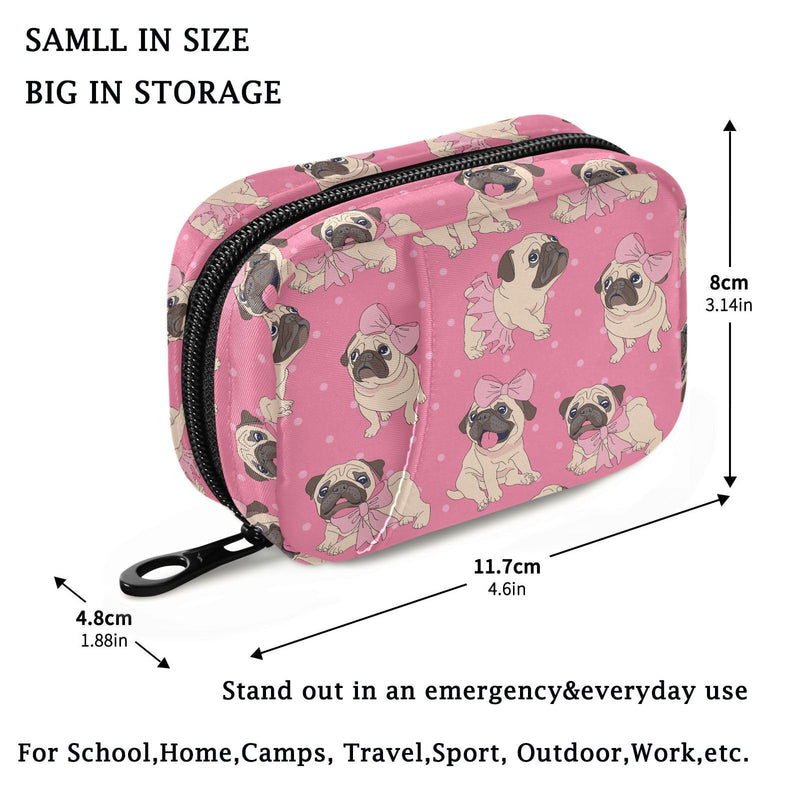 Fustylead Cute Cartoon Pugs Puppies in Pink Ballerina Tutu Bow and Dots Pill Organizer for Purse, Weekly Portable Pill Box with Zipper to Storage Vitamins Fish Oils Medications Supplements