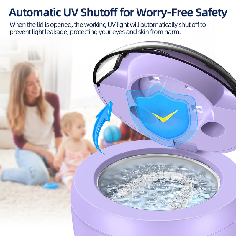 [Australia] - Ultrasonic Retainer Cleaner, Retainer Cleaner Machine for Dentures, Mouth Guards, Braces, Toothbrush Heads, Jewelry with 200ML Capacity, 45kHz Retainer Cleaning, 4 Modes for Appliances, Purple 