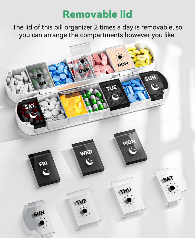Weekly Pill Organizer 2 Times a Day, Moisture-Proof Pill Case，White | 7 Day Pill Box AM PM, Foldable Travel Medicine Organizer with Magnetic Closure for Vitamins, Supplements and Fish Oils White