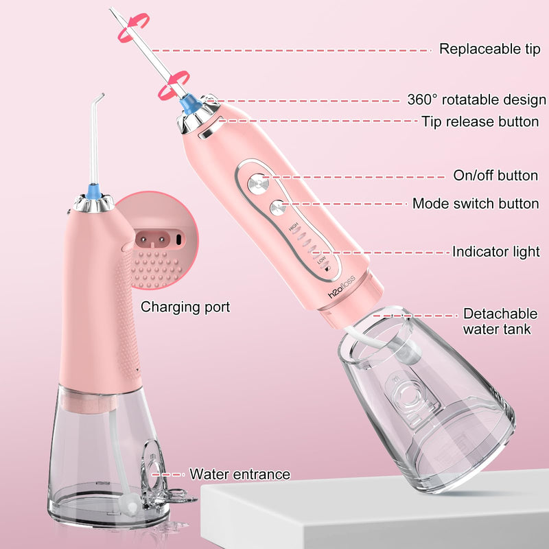 [Australia] - Water Dental Flosser Teeth Cleaner Pick, H2ofloss Cordless Portable Oral Irrigator,5 Mode IPX7 Waterproof Teeth Picks 300ML Rechargeable WaterFlosser for Home Travel (Pink) Pink 