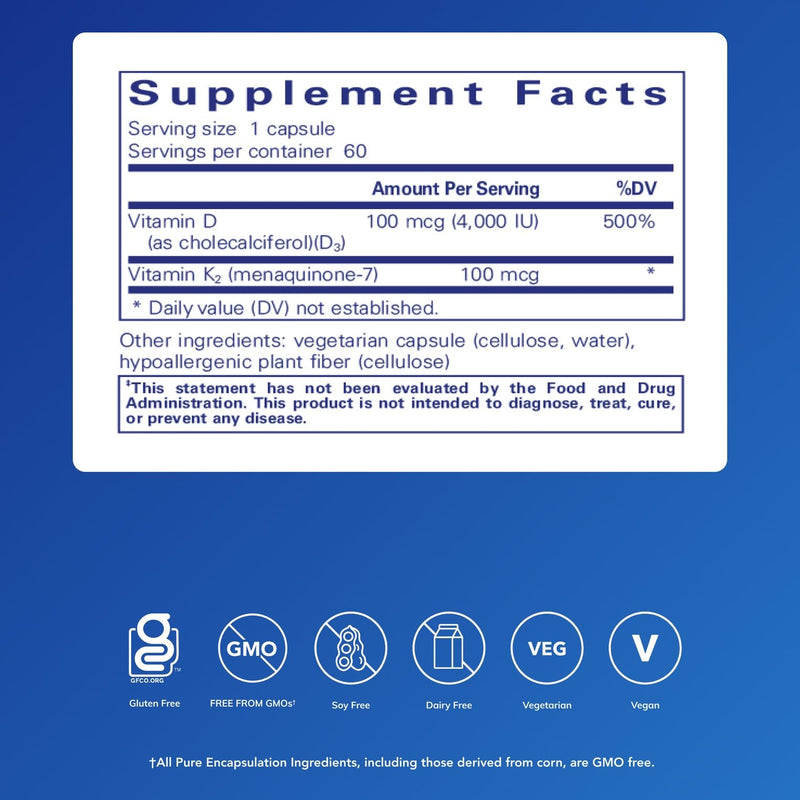 Pure Encapsulations Vitamin D3 & K2, 60 Capsules | Bone and Vascular Health Support*, Immune Function Support*, Gluten-Free, Non-GMO, with Vitamin D3 and K2 60 Count (Pack of 1)