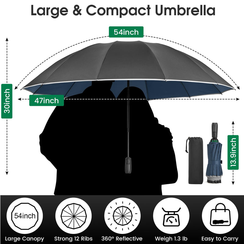 G4Free 54 Inch Large Double Layer Inverted Umbrella, 12 Ribs Compact Windproof Automatic Folding Reverse Umbrella with Reflective Strip