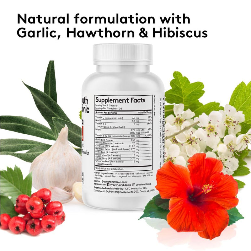 [Australia] - Youth & Tonic Natural Blood Pressure Support Supplement w/Hawthorn Hibiscus & High Potency Diuretic Herbs & Vitamins for Water Retention | 30 BP Capsules to Maintain a Good Health | Women & Men 