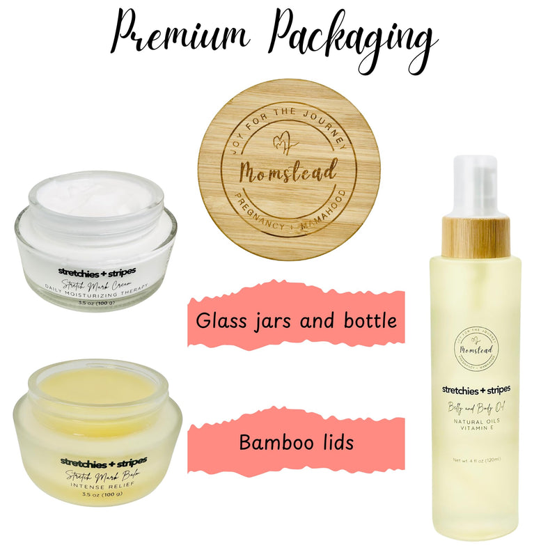 [Australia] - Stretchies and Stripes Bump and Body Stretch Mark Deluxe Gift Set | Body Oil, Stretch Mark Balm, Stretch Mark Cream | Pregnancy Safe | Gift for Mom 
