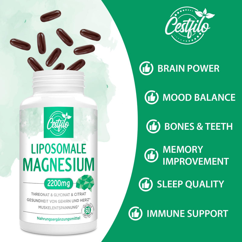 Liposomal Magnesium Complex 2200 mg, Gluten-Free, 60 Soft Capsules, High Dose, Natural, Suitable for Women, Men (Pack of 60)
