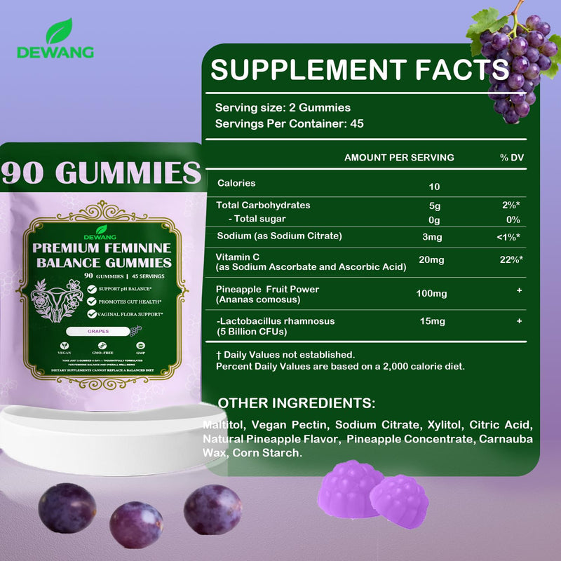 DEWANG Premium Feminine Balance Gummies for Women’s - Immune Support& PH Balance - Vegan, Gluten-Free - Grapes Flavor, 90 Count 45 Servings (2, Grape) 2