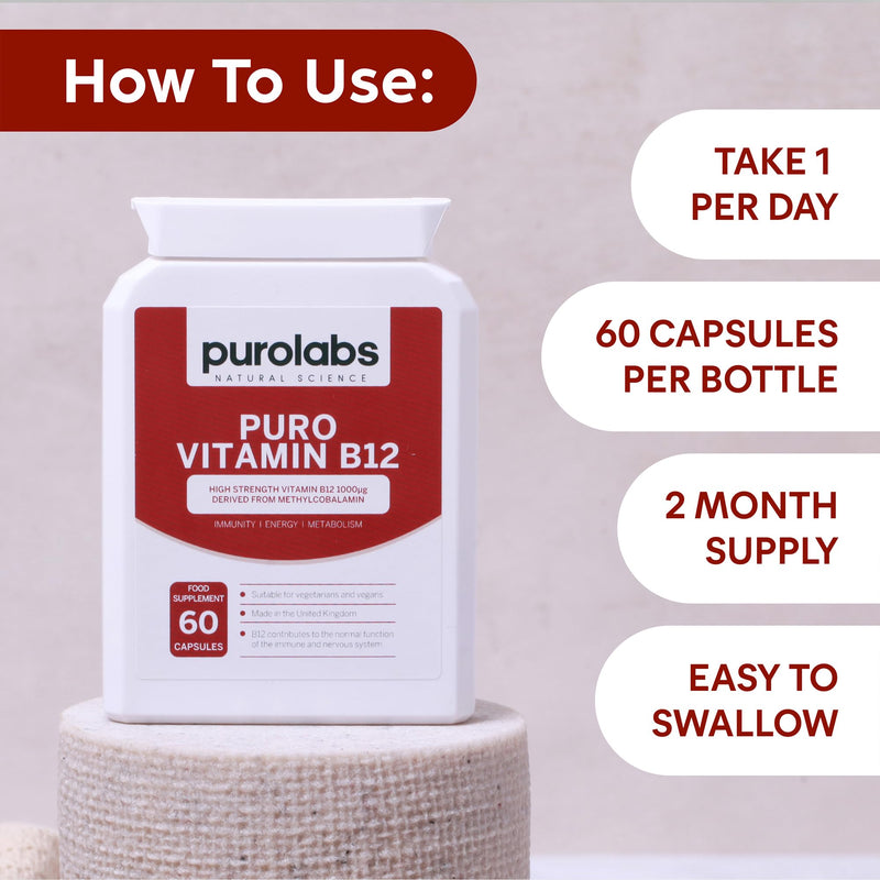 Purolabs Vitamin B12 Tablets 1000µg – High Strength Methylcobalamin for Energy, Immunity & Tiredness – Premium Vitamin B12 Supplements & Capsules – Vegan, High Absorption, No Fillers – 60 Count