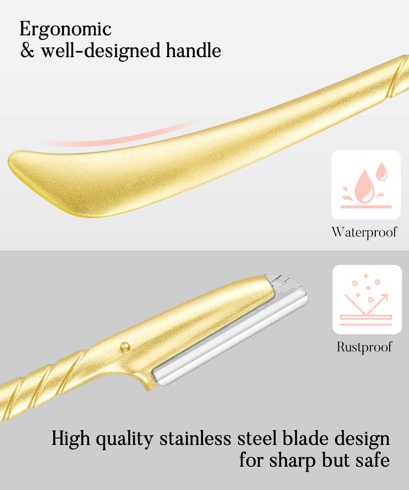 [Australia] - ennva Eyebrow Razor for Women - Eyebrow Trimmer Dermaplaning Tool- Ergonomic Eyebrow Shaper and Facial Razor for Peach Fuzz-Exfoliating Face Razor for Eyebrows-Eye Brow Shaver Razors w/ 7 Blades- Gold 