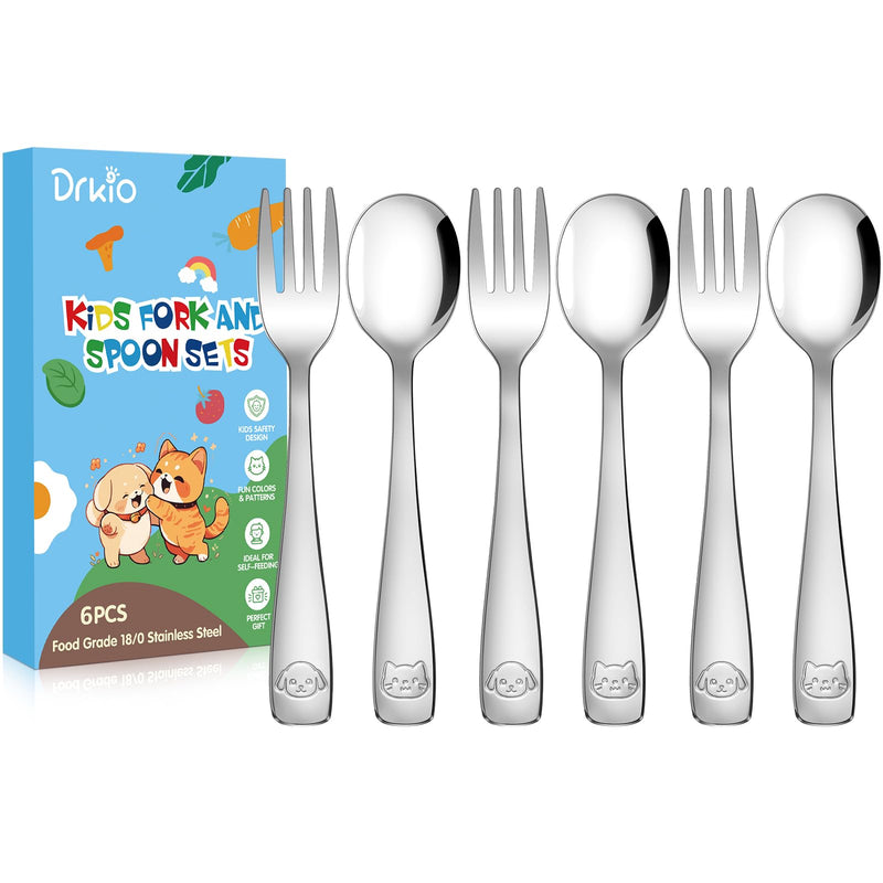 [Australia] - DRKIO Stainless Steel Toddler Utensils Set - 6 Pieces Kids Silverware Set Children Safe Food Grade Small Forks and Spoons Dishwasher Safe Mirror Polished Silver 