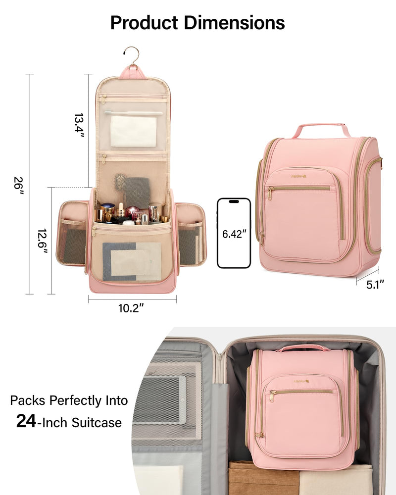 Hanke Hanging Travel Toiletry Bag for Men and Women, Water-Resistant Toiletries Bag Makeup Organizer with Hook, Cosmetic Bag for Bathroom & Travel Essentials Accessories, Pink
