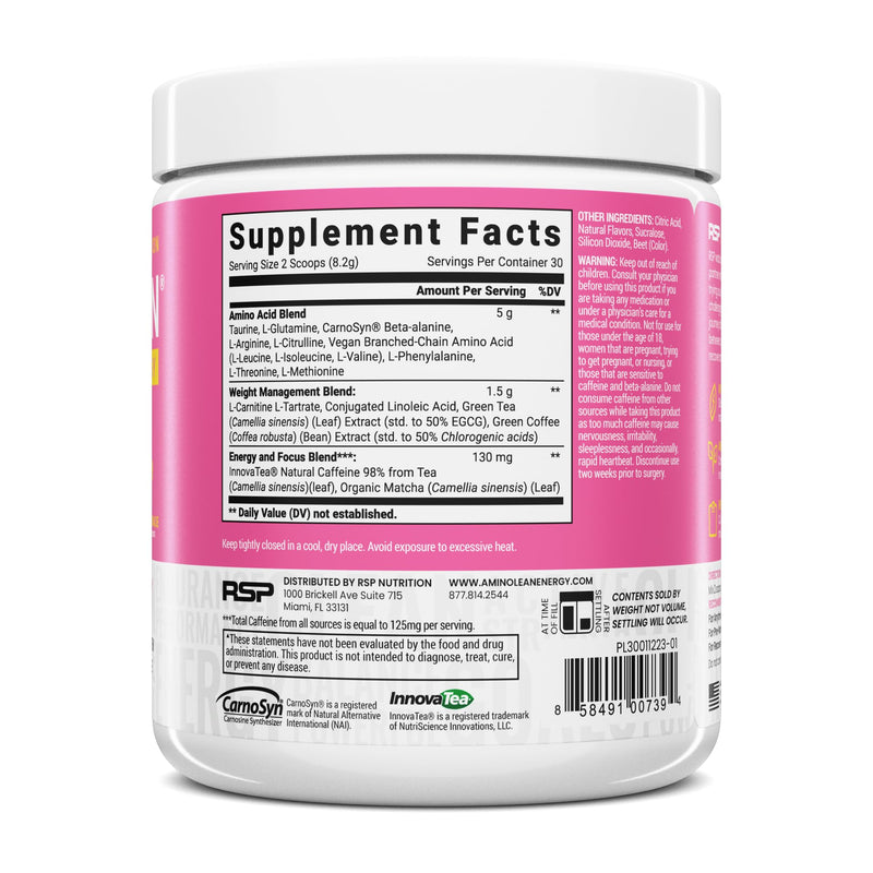 [Australia] - RSP NUTRITION AminoLean Pre Workout Powder, Amino Energy & Weight Management with Vegan BCAA Amino Acids, Natural Caffeine, Preworkout Boost for Men & Women, 30 Serv, Pink Lemonade… 30 Servings (Pack of 1) 