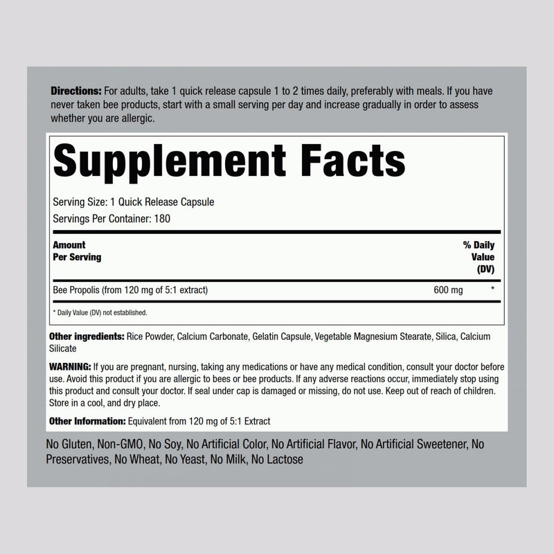Piping Rock Bee Propolis Capsules | 180 Pills | Extract Supplement for Men and Women | Non-GMO, Gluten Free