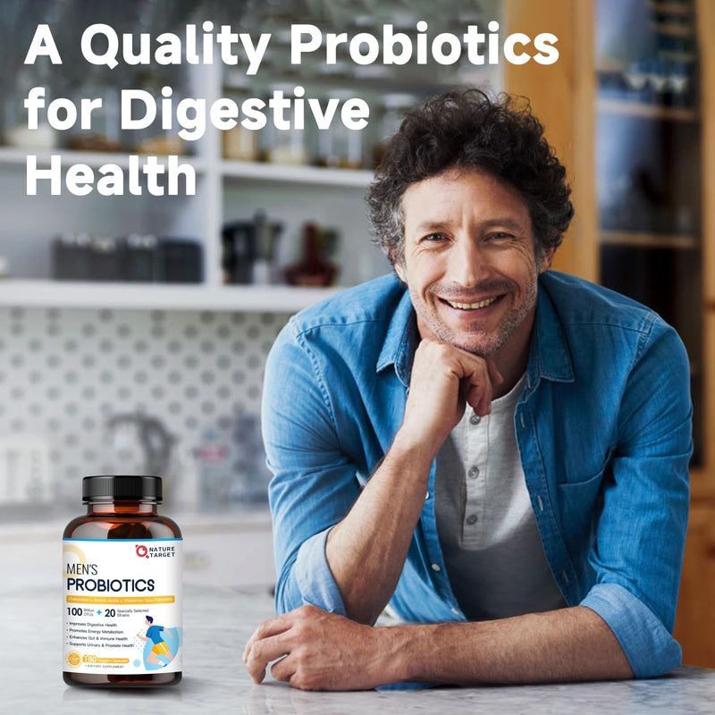 NATURE TARGET Probiotics for Men, 100 Billion CFUs, 180 Veg Capsules | 20 Strains, with Enzymes, Prebiotics, Saw Palmetto, for Digestive, Gut, Bloating & Mens Health, No Refrigeration Required 180 Count (Pack of 1)