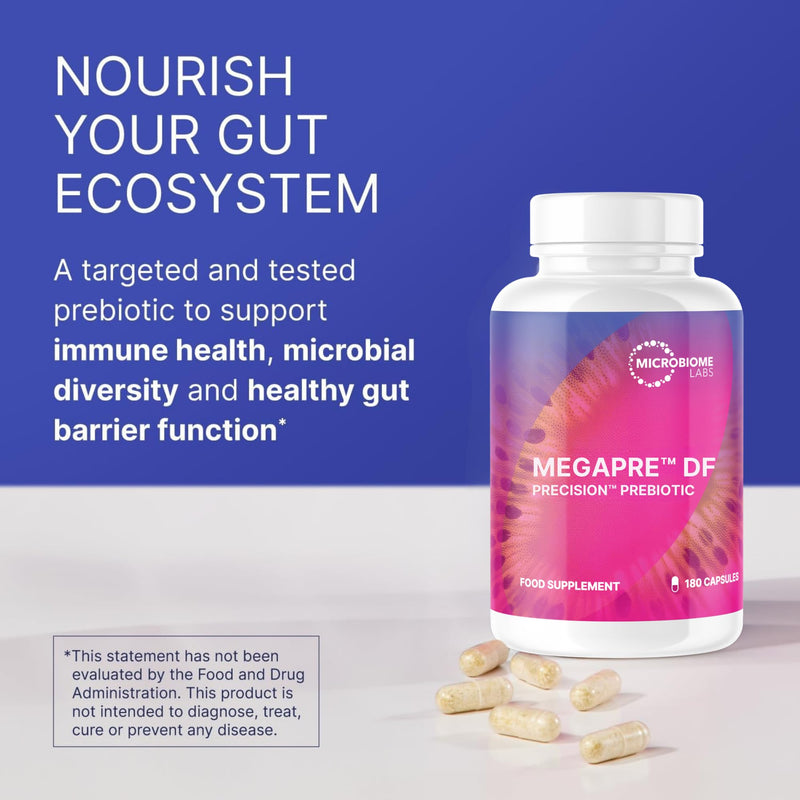 Microbiome Labs MegaPre DF - Dairy-Free Prebiotic Fibre Supplement for Gut Health with Clinically Tested Oligosaccharides – Prebiotics for Akkermansia muciniphila & Microbial Diversity (180 Capsules) Dairy Free Megapre