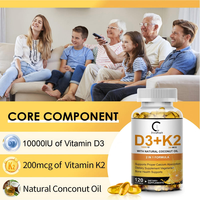 Vitamin D3 K2 Supplement 10000 IU + K2 MK7 200mcg with Coconut Oil, 120ct | Plant-Based 2-in-1 Softgel Capsules for Enhanced Absorption. Supports Bone, Teeth, Muscle, and Immune Health Support 120 Count (Pack of 1)