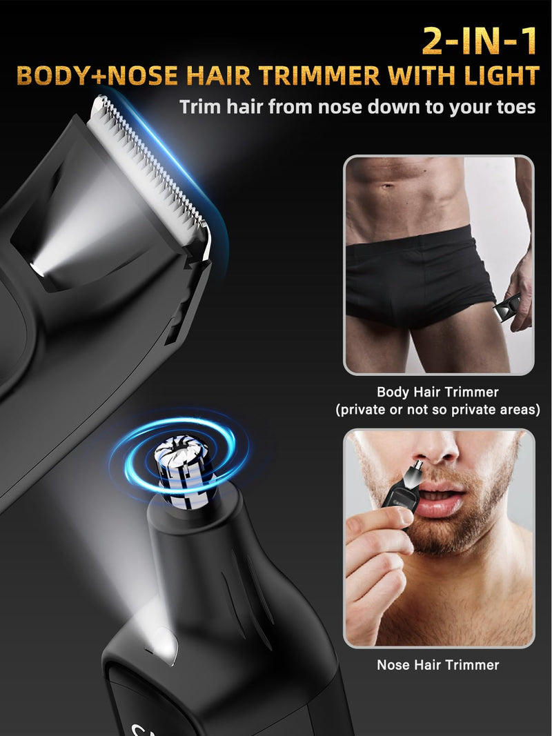 [Australia] - 2-in-1 Body and Nose Hair Trimmer for Men - Safe Portable Electric Razor for Ball Groin with LED Light, IPX7 Professional Electric Shavers for Men Pubic, Underarm, Nose, Ear, Beard, Head 