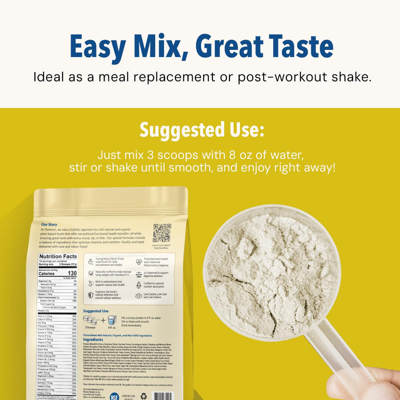 Plantium Total Nutrition Meal Replacement Protein Powder, Vanilla | Plant-based all-in-one shake with 22g protein per serving, vitamins, minerals and probiotics.