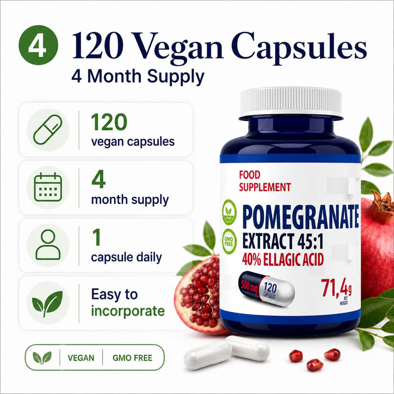 Hepatica Pomegranate Extract 22,500mg Equivalent | 500mg 45:1 Extract Standardised to 40% Ellagic Acid | 120 Vegan Capsules | 4-Month Supply | 3rd Party Lab Tested