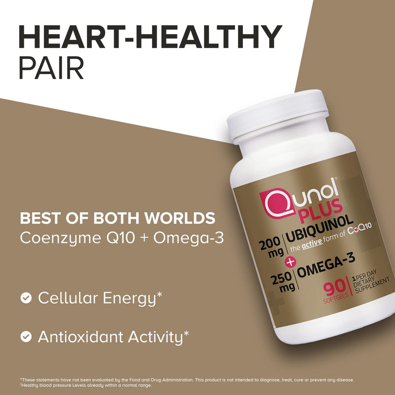 [Australia] - Qunol Plus Ubiquinol + Omega 3, Ubiquinol CoQ10 200mg with 250mg Omega-3 Fish Oil, Extra Strength, Antioxidant for Heart Health, Natural Supplement for Energy Production, (Bovine Version), 90 Count 