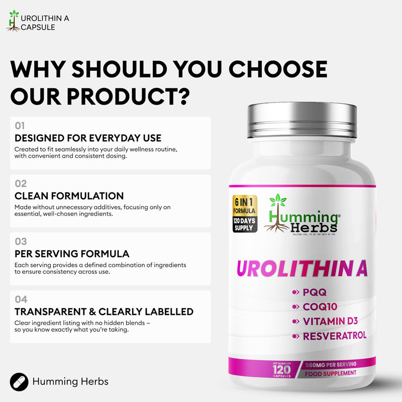 Humming Herbs Urolithin A Complex 560mg – CoQ10, PQQ, Resveratrol, D3 & B12 – 120 Vegan Capsules (120 Days)