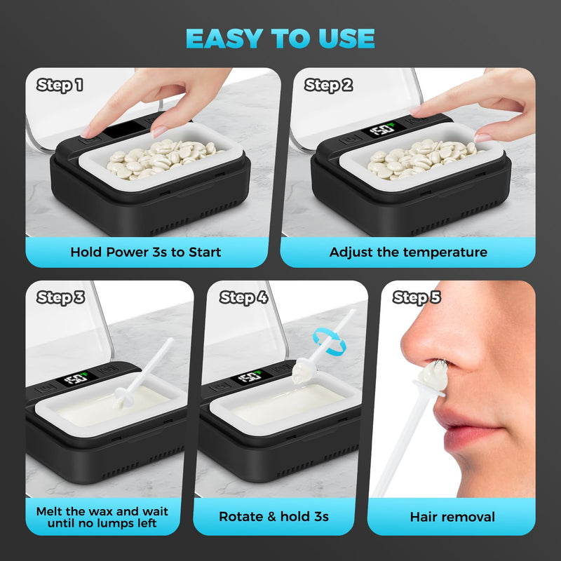 [Australia] - Nose Wax Kit Men,Nose Hair Waxing Kit with Adjustable LED Display,Ear Hair Removal Kit for Men Women 100 g Wax 70 Applicators,Constant Temp,USB Heated,Pocket-Size,Black Black 