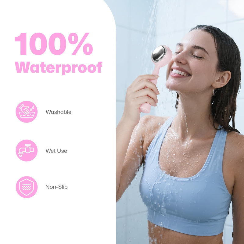 PRITECH Facial Cleansing Brush, Rechargeable Silicone Face Scrubber with Constant-Temperature Heating, Vibrating Exfoliator Scrubber for Deep Pore Cleaning, Waterproof Face Brush for Women & Men -Pink Pink