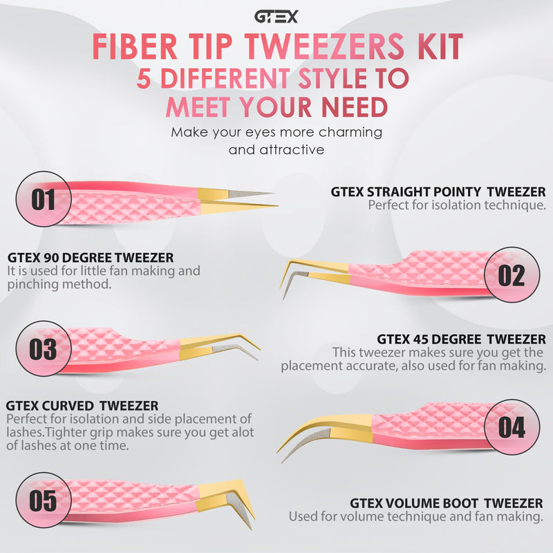 GTEX Fiber Tip Lash Tweezers For Eyelash Extension Set of 5, Professional Eyelash Tweezers For Lash Extensions - 90 45 Degree Curved Volume Tweezer Pink