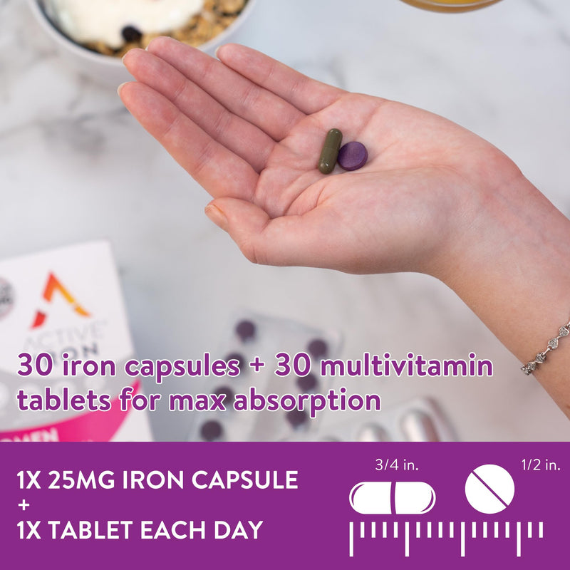 [Australia] - Active Iron for Women, Non-Constipating, 30 Active Iron High Potency Capsules with 30 Multivitamin Tablets, Helps Strengthen Your Immune System 1 Count (Pack of 1) 
