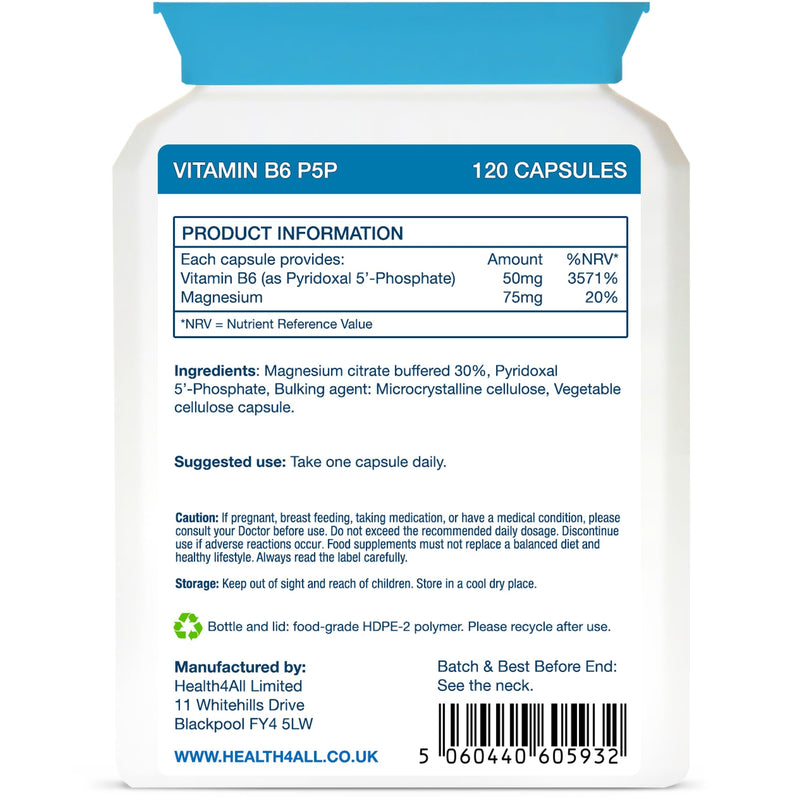 P5P 50mg Activated Vitamin B6 with Magnesium Citrate for Tiredness & Fatigue - 120 Capsules 4 Month Supply - Pyridoxal 5'-Phosphate - Vegan VitB6 Supplement - Made in UK by Health4All 120 count (Pack of 1)