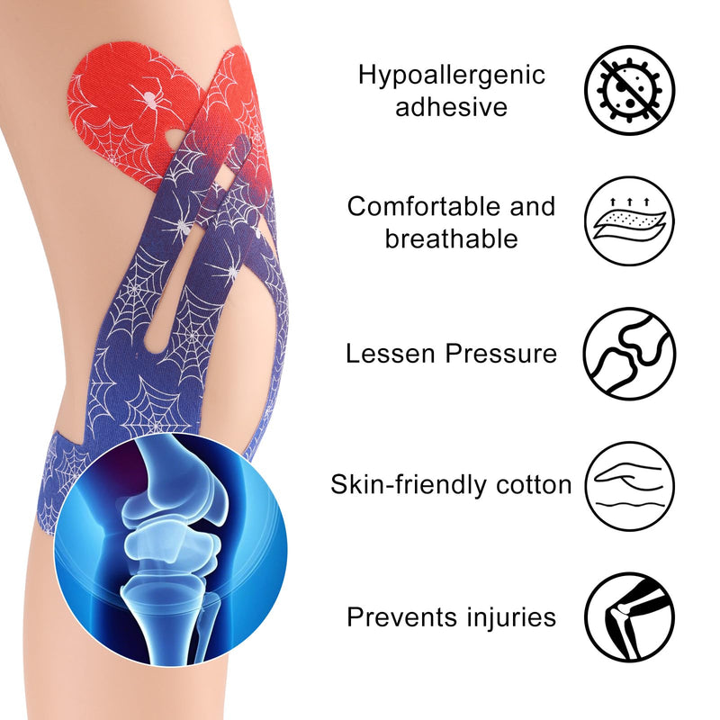 12pcs Precut Kinesiology Tape for Knees, Red Blue Gradient Waterproof Elastic Pre-Cut Breathable Sports Recovery Tape Stickers Supplies for Muscle Support & Comfort Stability