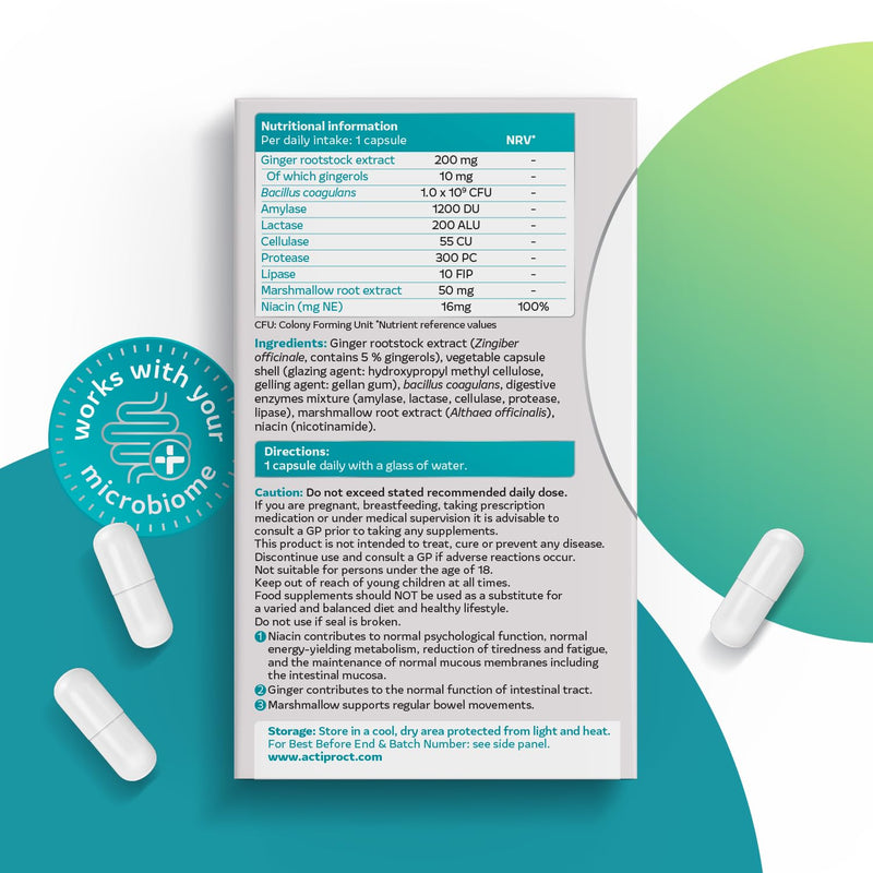 Probiotics for Bowel Balance & Gut Health – Food Supplement with 1 Billion CFU with Live Strains, Enzyme and Ginger Extract – Supports Regular Bowel Movements – 30 Vegan Capsules – ActiProct