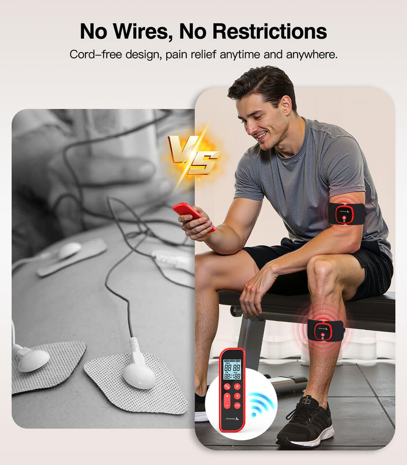 3-in-1 Portable Wireless EMS & Tens Unit Muscle Stimulator for Pain Relief | Dual Receiver Pods, 18 Modes, 20 Intensity Levels & 10-90 Mins Adjustable Timer Remote Control Pulse Physical Electrotherapy