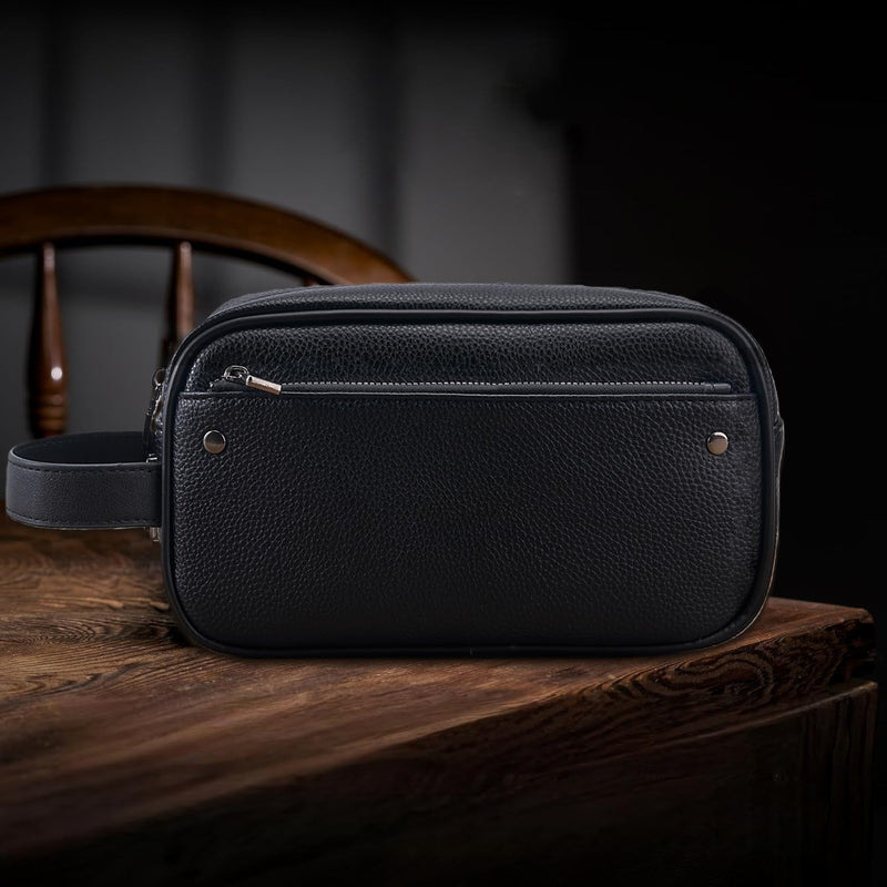 Toiletry Bag Anti Theft Lock PU Leather Clutch Bag for Travel | Ideal Gift Choice, Compact Carry Size, Holds Daily Essentials, Wrist Strap, Front Zipper Pocket, Reinforced Metal Hardware Black with Lock