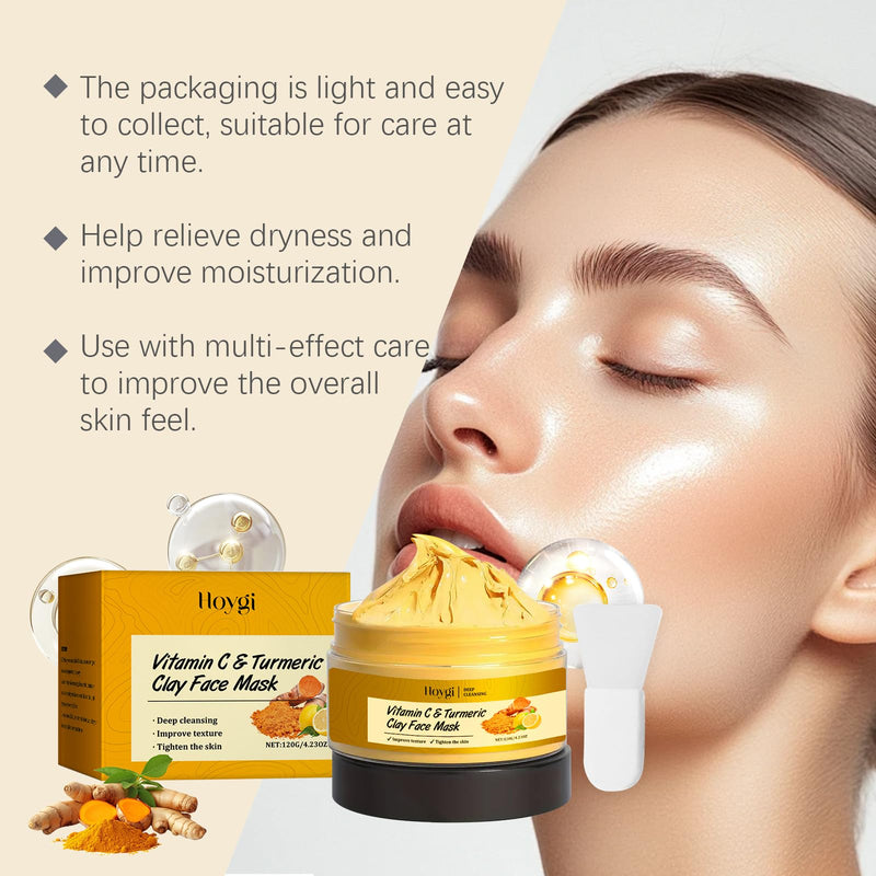 Turmeric Vitamin C Clay Mask, Suitable for Dark Spots and Dull Skin, Deep-Cleaning and Moisturizing Skincare Mask That Can Remove Blackheads and Pores, and Improve Uneven Skin Tone, 4.23 Ounces Turmeric Face Mask